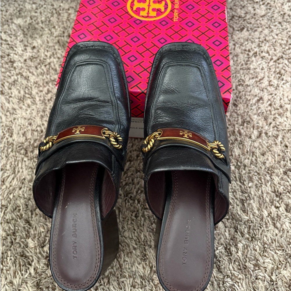 Tory Burch Black Mules with Gold Chain Detail